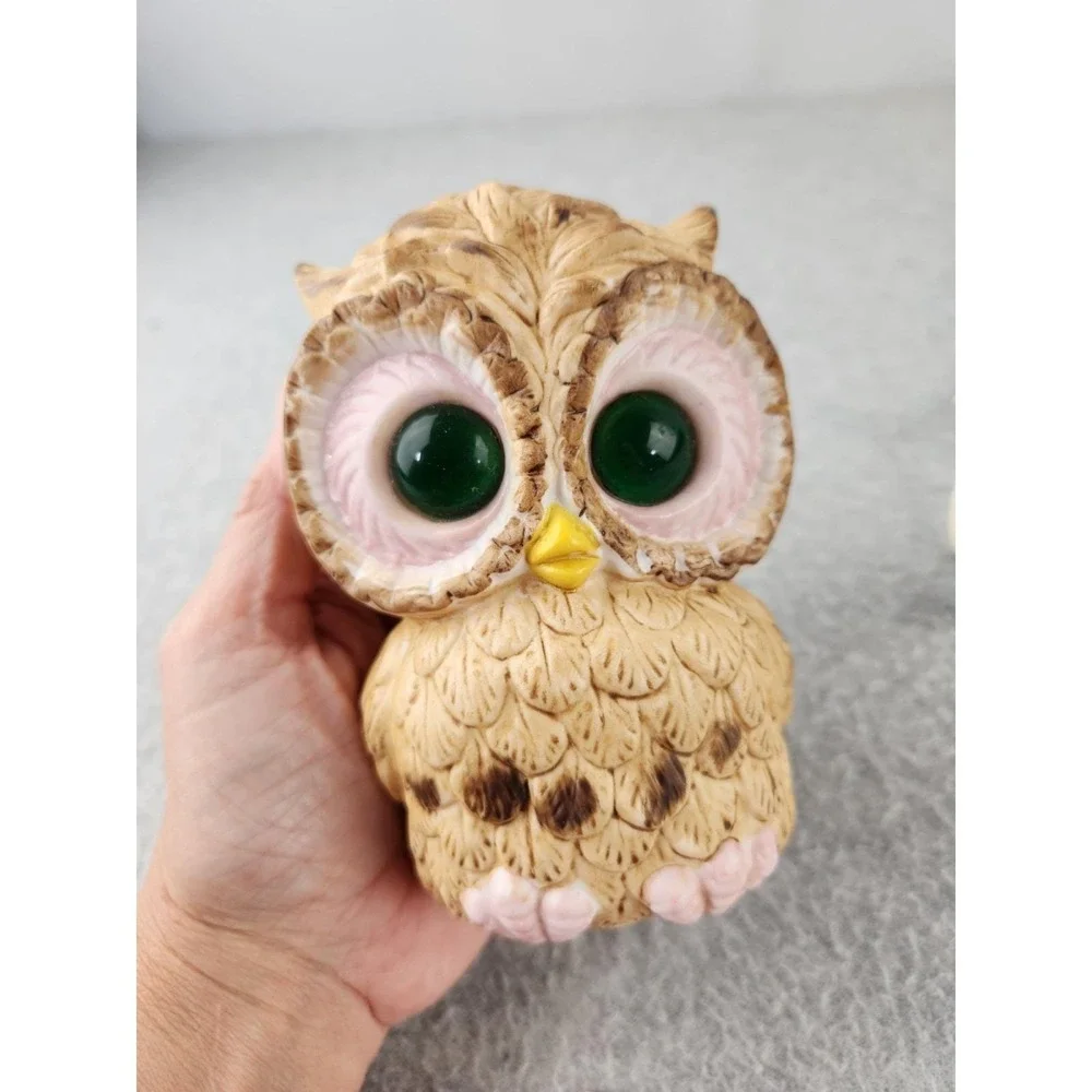 Vintage Ceramic Owl Table Lamp Night Light Retro Lighted Eyes Mid Century Pink